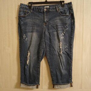 Cato Women's Size 20W Paint Splatters Distressed Blue Cuffed Capri Jeans